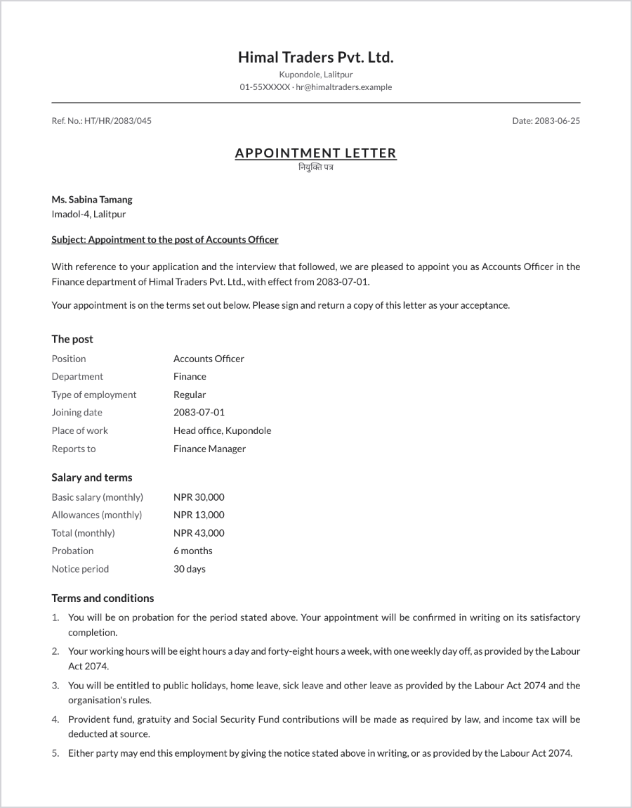Sample appointment letter (नियुक्ति पत्र) on a company letterhead in Nepal