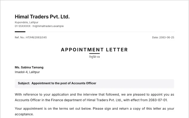 Sample appointment letter (नियुक्ति पत्र) on a company letterhead in Nepal