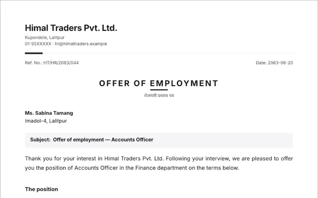 Sample job offer letter with salary structure and acceptance line