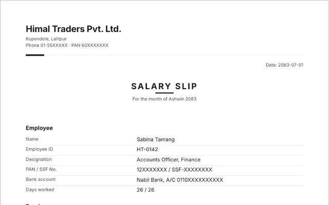 Sample salary slip in Nepal showing earnings, deductions and net pay
