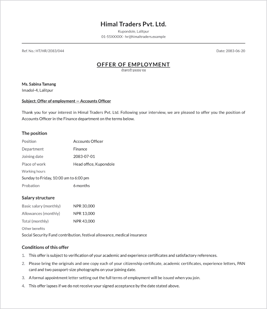 Sample job offer letter with salary structure and acceptance line