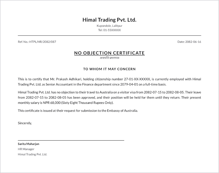 No objection certificate (NOC) sample from an employer in Nepal