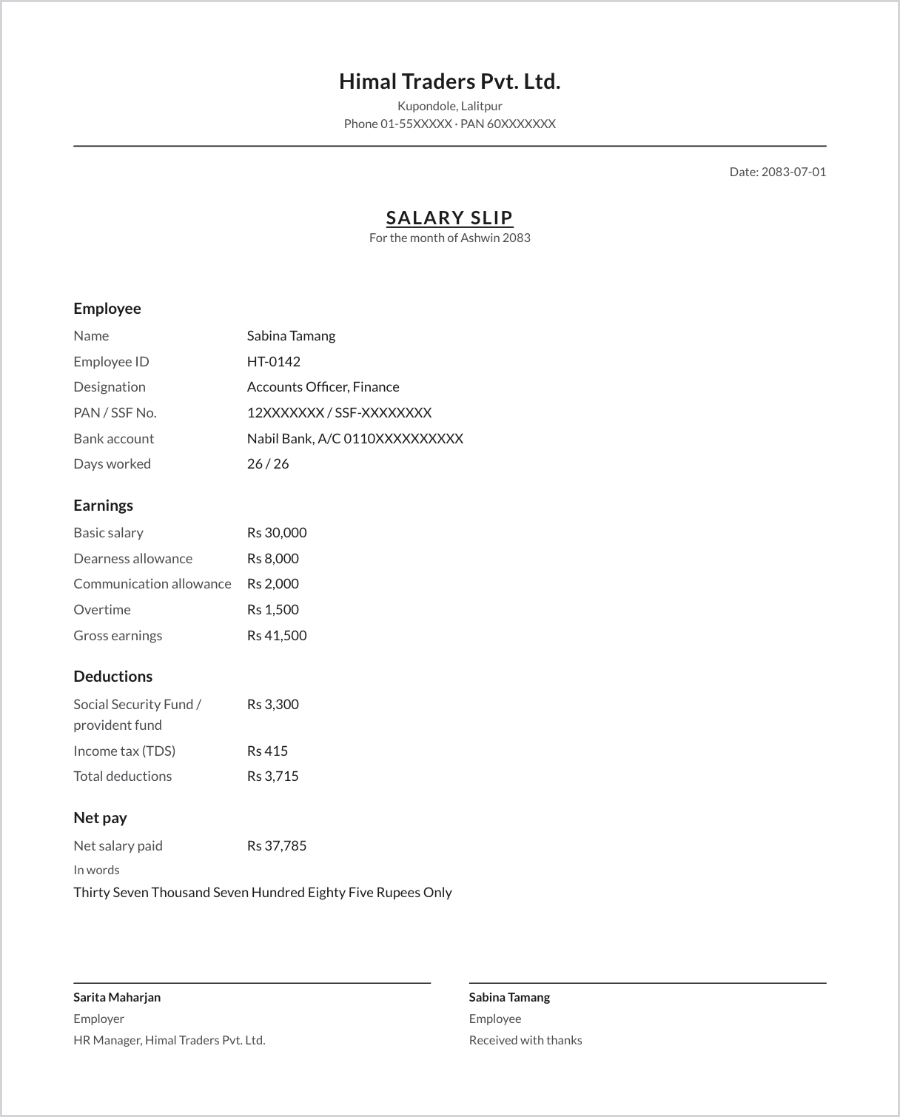 Sample salary slip in Nepal showing earnings, deductions and net pay