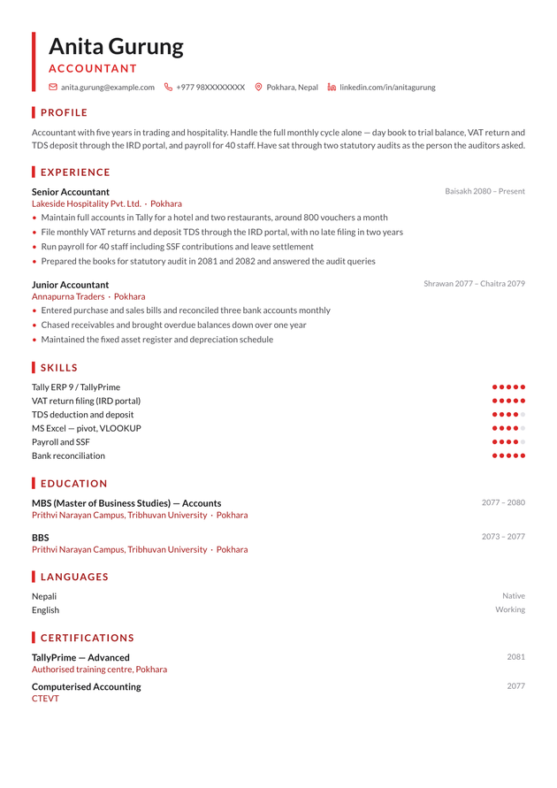 Accent CV template, filled in with a sample CV