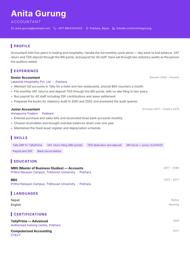 Banner CV template, filled in with a sample CV