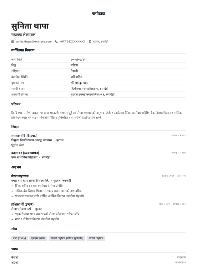 Biodata CV template, filled in with a sample CV