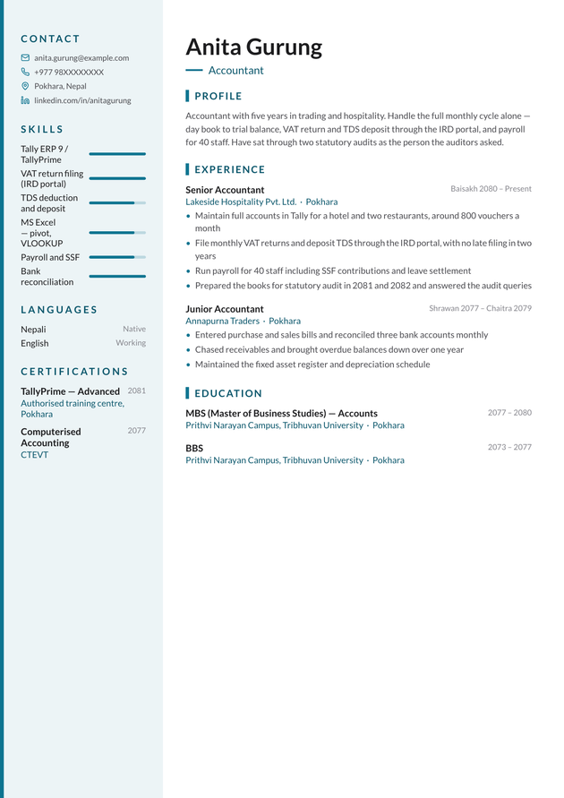 Care CV template, filled in with a sample CV