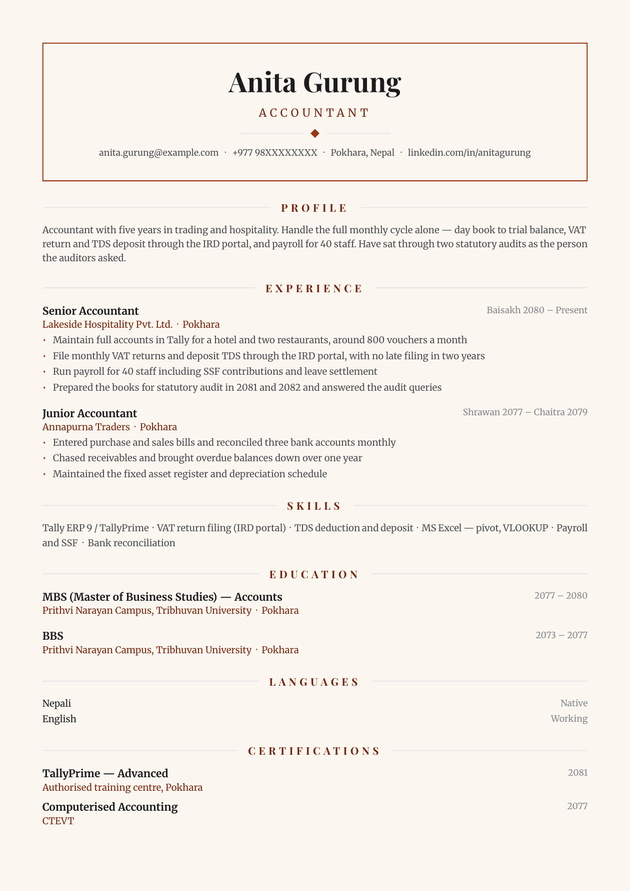 Chef CV template, filled in with a sample CV
