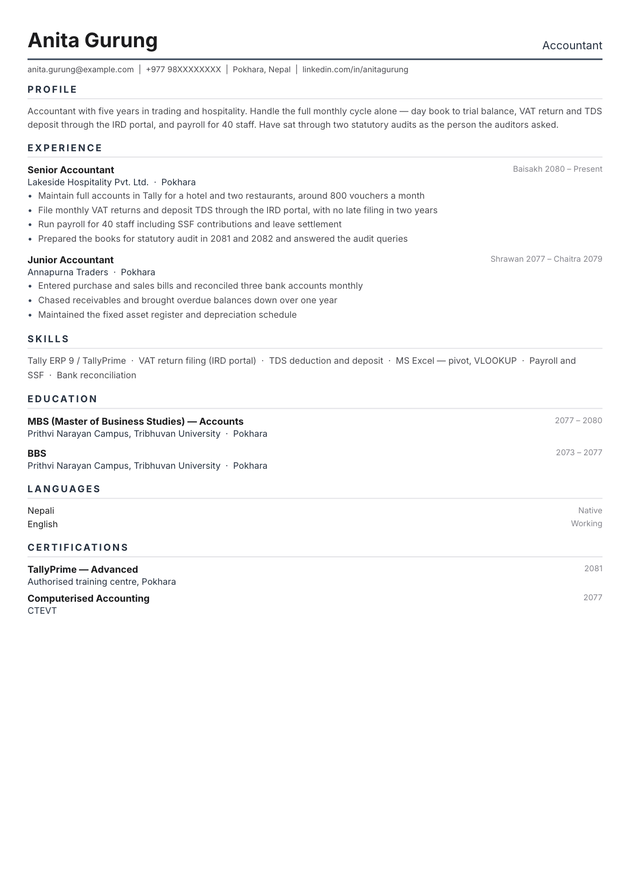 Compact CV template, filled in with a sample CV