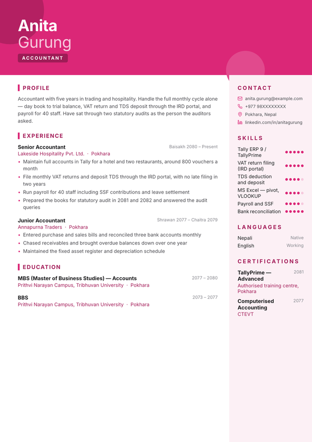 Creative CV template, filled in with a sample CV
