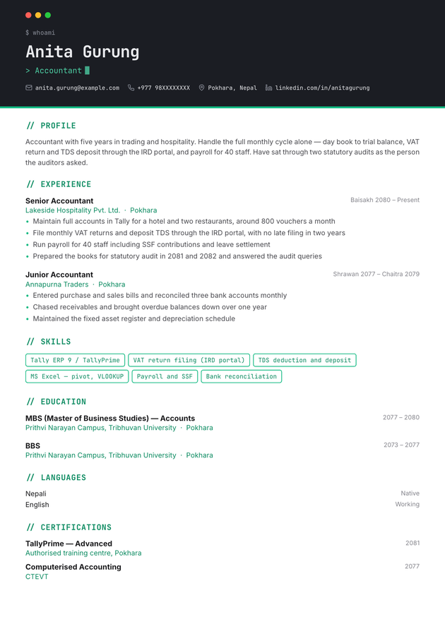 Developer CV template, filled in with a sample CV