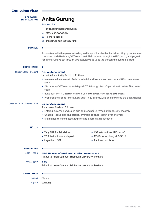 Europass CV template, filled in with a sample CV