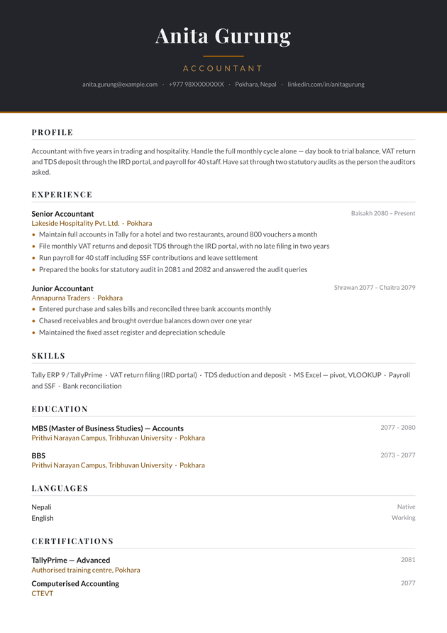 Executive CV template, filled in with a sample CV