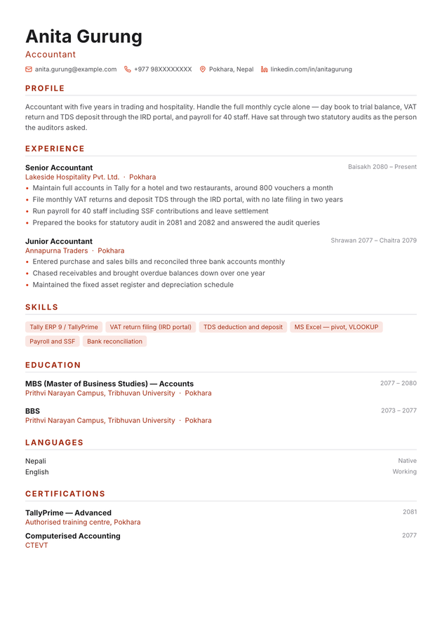Minimal CV template, filled in with a sample CV