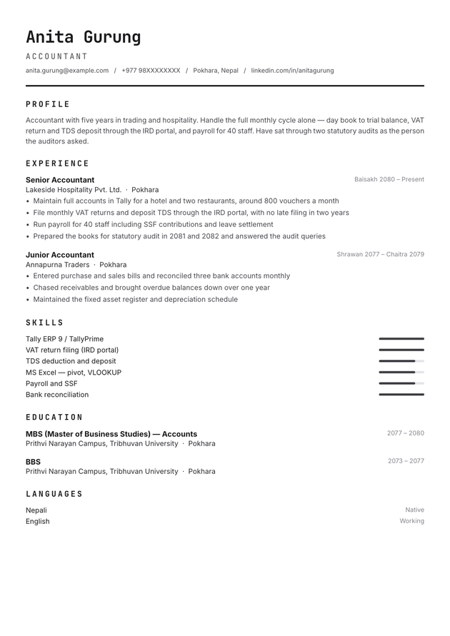 Mono CV template, filled in with a sample CV