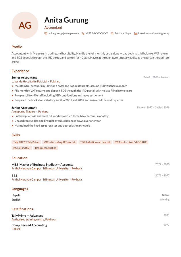 Portrait CV template, filled in with a sample CV