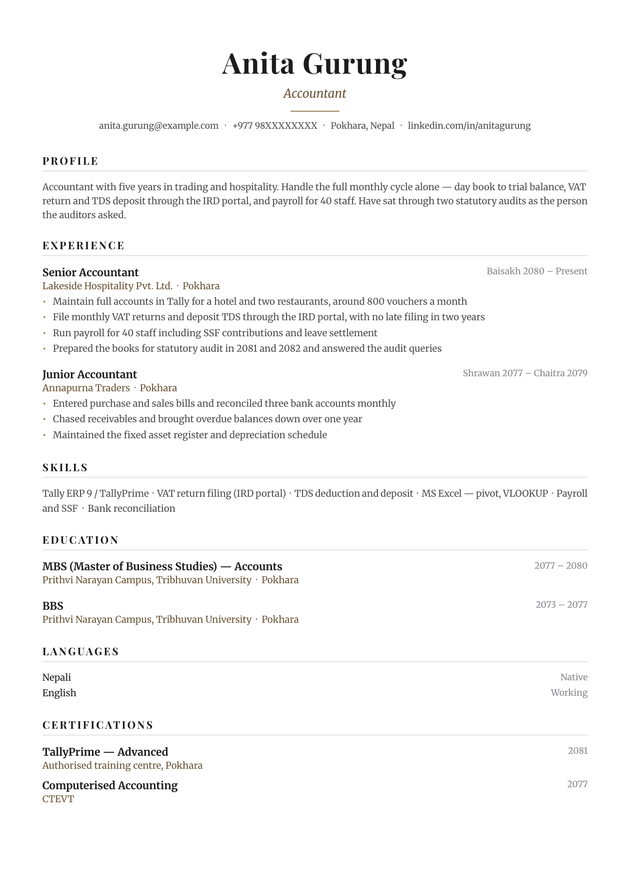 Serif CV template, filled in with a sample CV
