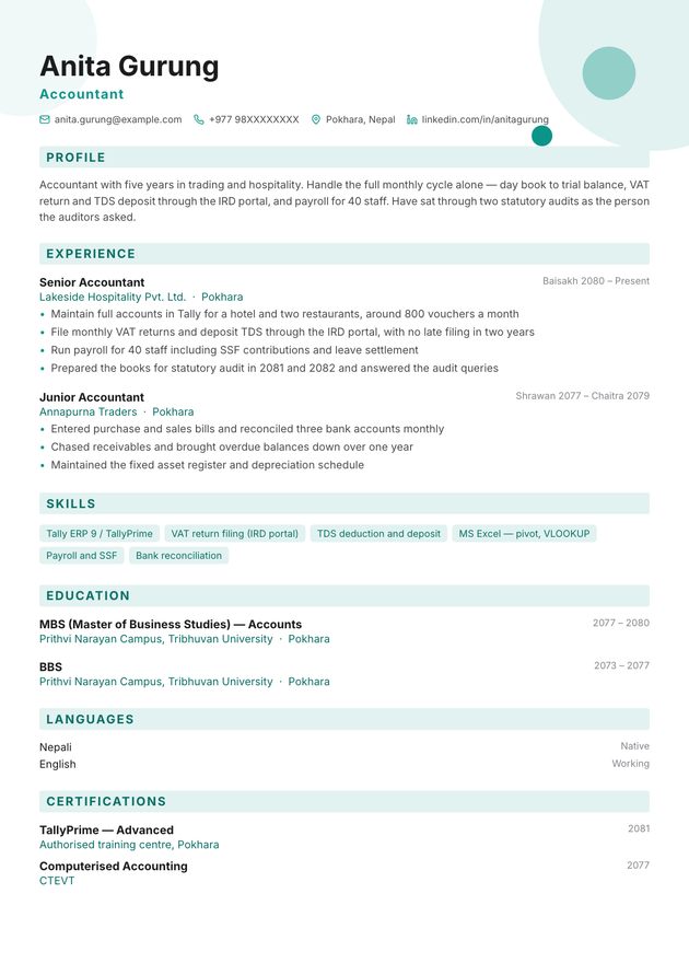 Shapes CV template, filled in with a sample CV