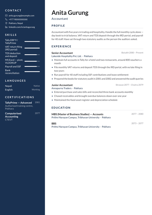 Sidebar CV template, filled in with a sample CV