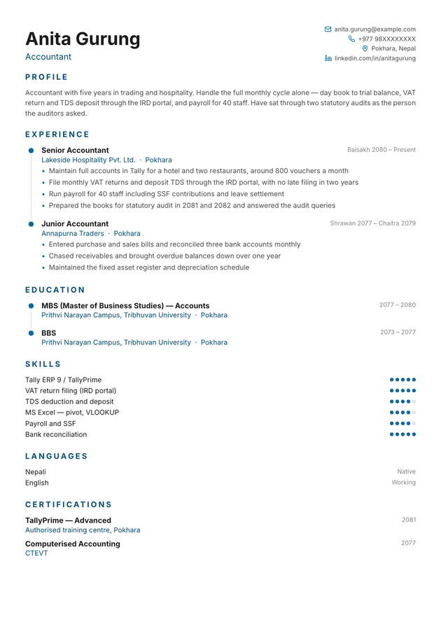 Timeline CV template, filled in with a sample CV