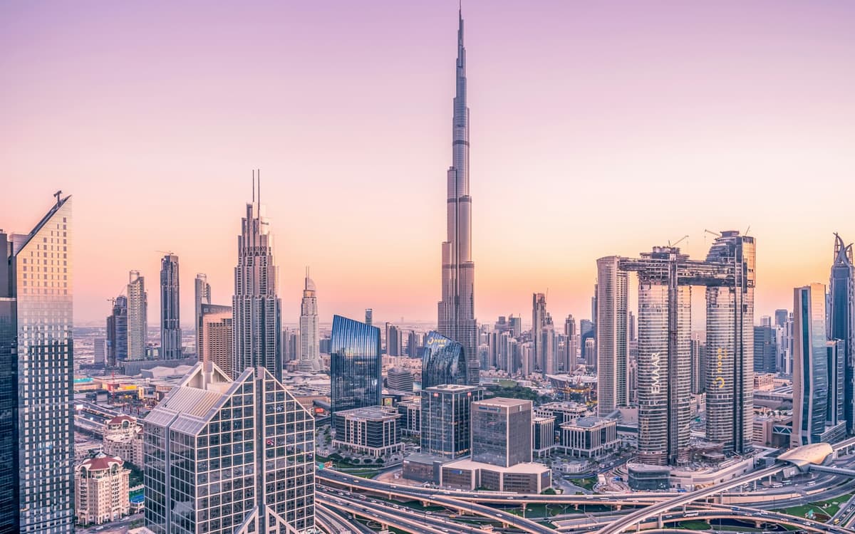 The Dubai skyline with the Burj Khalifa at dusk
