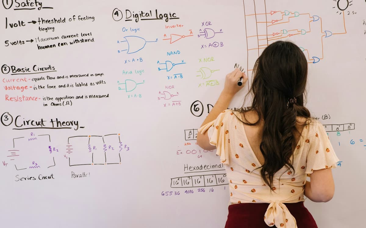 A teacher writing on a whiteboard