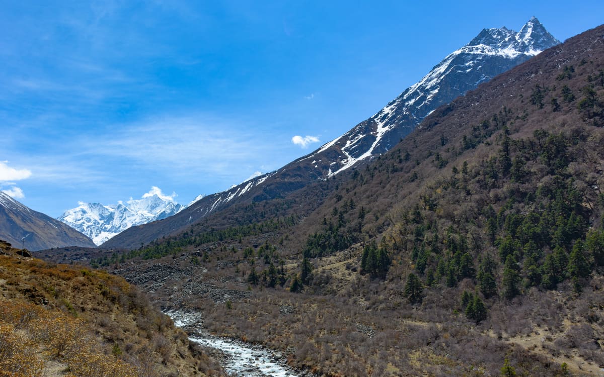 The Langtang Valley and its river below the peaks