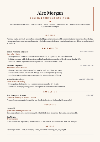 Chef CV template — menu styled resume for hospitality roles