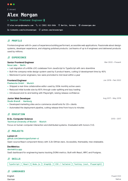 Developer CV template — terminal inspired resume for software engineers