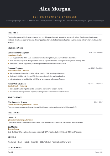 Executive CV template — charcoal and gold resume for senior roles