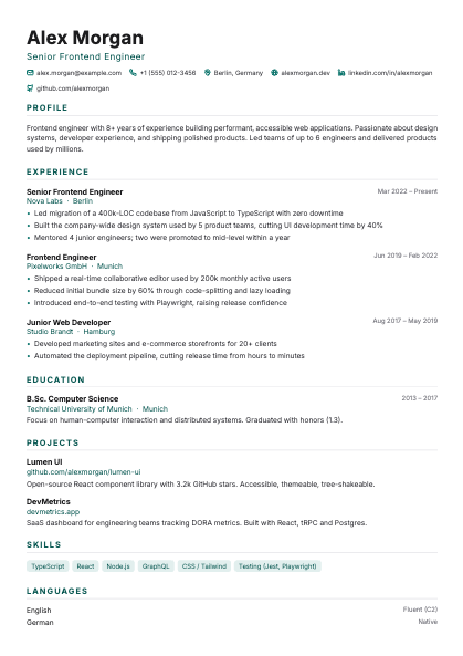 Minimal CV template — classic single column resume layout