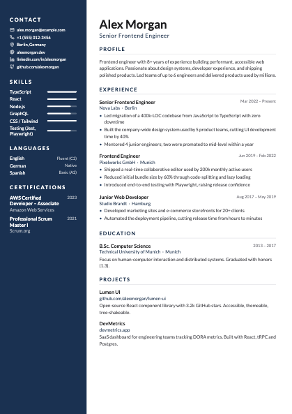 Sidebar CV template — two column resume with a coloured side rail